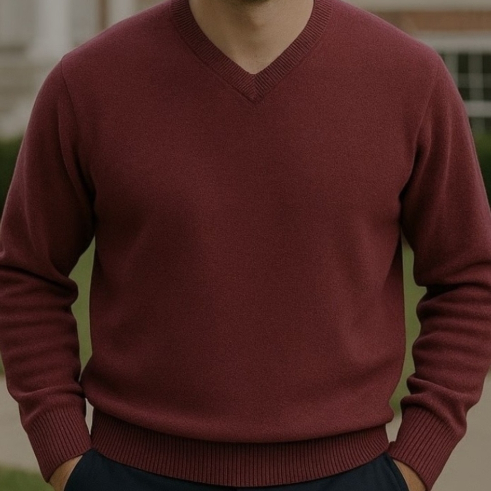 LL Bean Men's Classic Maroon V-Neck Sweater Knit Lamb's Wool  Size L